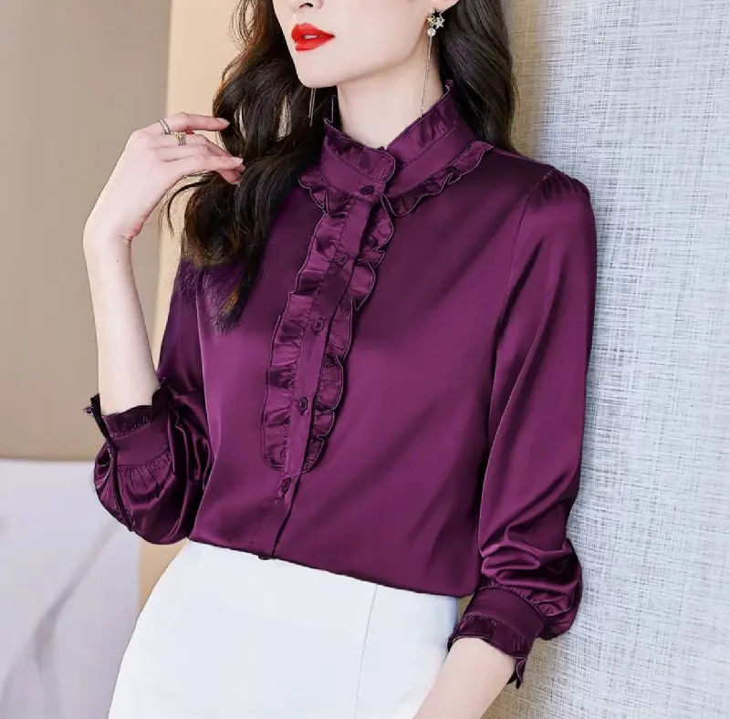 Women Satin Shirt Ruffles Turtleneck Long Sleeve S S4710736 Elegant Draped Short Sleeve Women Satin Shirt Ruffles Turtleneck Long Sleeve S S4710736 Elegant Draped Short Sleeve