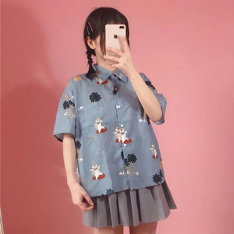 Women's Cartoon Printed Shirt Comfortable Ribbed Short Sleeve