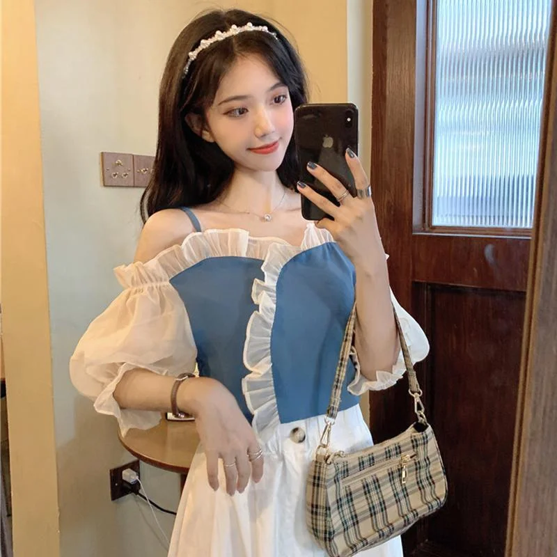 Women's Cute Lace Ruffles Flare Sleeved Shirts Fashionable Short Sleeve Vest