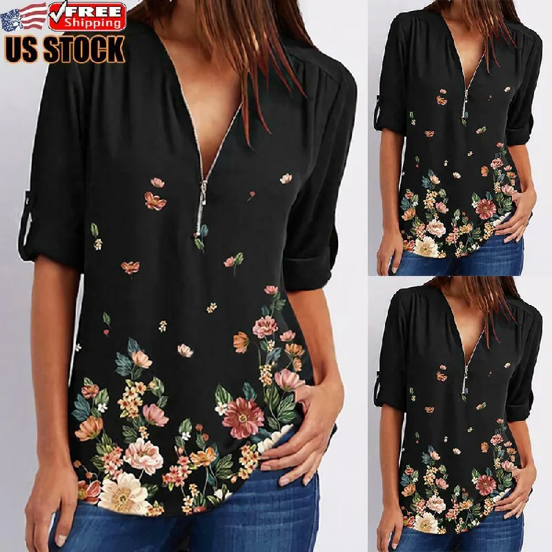 Women's Floral Zip Up V Neck Shirt Relaxed Short Sleeve Tee