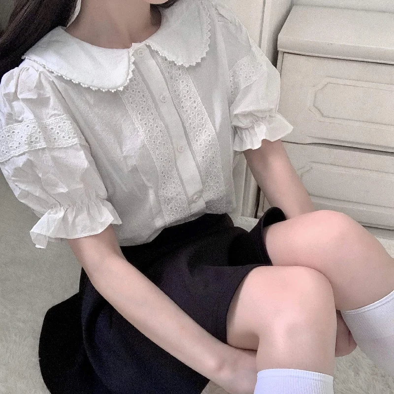 Women's Kawaii Lace Ruffles Short Sleeved Shirt Elegant High-Low Short Shirt