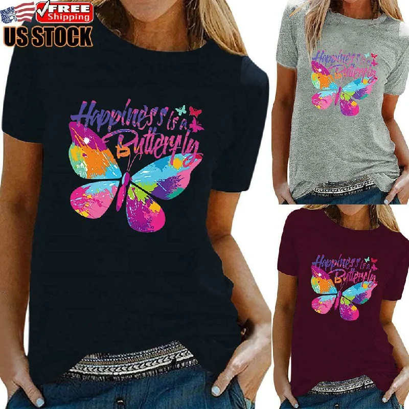 Women's Printed Summer Round Neck T Shirt Fashionable Plaid Short Sleeve
