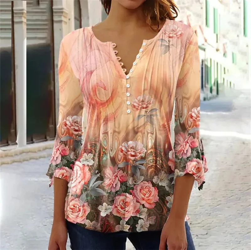 Women's Temperament Printed Loose Shirt XL B-71160 Comfortable Stretch Short Shirt