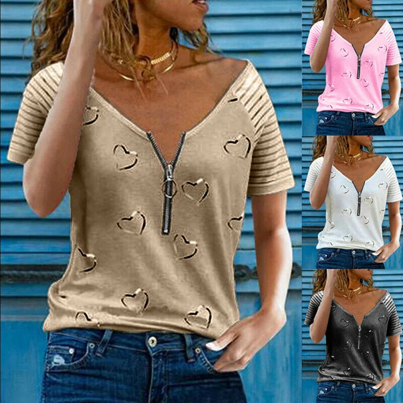 Zipper V Neck Short Sleeve T Shirt Fashionable Sheer Short Shirt