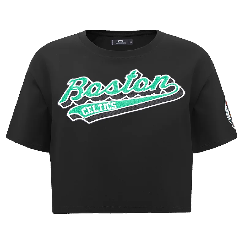 NBA BOSTON CELTICS SCRIPT TAIL WOMEN'S SJ BOXY TEE (BLACK) Hooded Caped Shawl Collar NBA BOSTON CELTICS SCRIPT TAIL WOMEN'S SJ BOXY TEE (BLACK) Hooded Caped Shawl Collar