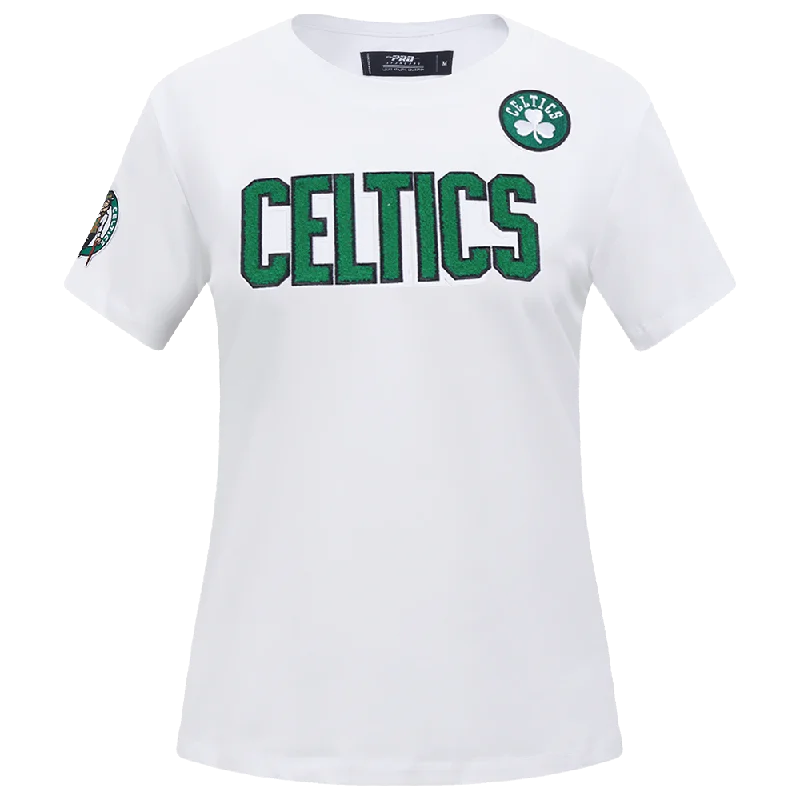 NBA BOSTON CELTICS CLASSIC WOMEN'S SLIM FIT TEE (WHITE) Mesh Blend Leather Blend Suede Blend NBA BOSTON CELTICS CLASSIC WOMEN'S SLIM FIT TEE (WHITE) Mesh Blend Leather Blend Suede Blend