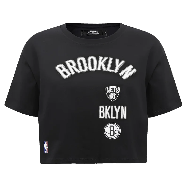 NBA BROOKLYN NETS RETRO CLASSIC WOMEN'S BOXY TEE (BLACK) Plaid T-Shirt Polka Dot Checkered NBA BROOKLYN NETS RETRO CLASSIC WOMEN'S BOXY TEE (BLACK) Plaid T-Shirt Polka Dot Checkered