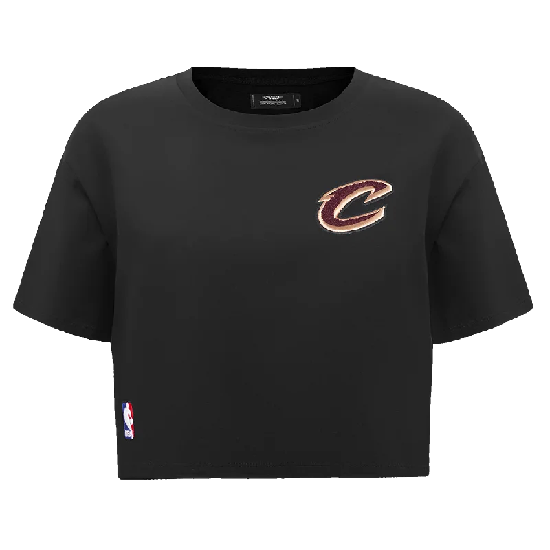 NBA CLEVELAND CAVALIERS CLASSIC WOMEN'S BOXY TEE (BLACK) Denim Fabric Leather Fabric Suede Fabric NBA CLEVELAND CAVALIERS CLASSIC WOMEN'S BOXY TEE (BLACK) Denim Fabric Leather Fabric Suede Fabric