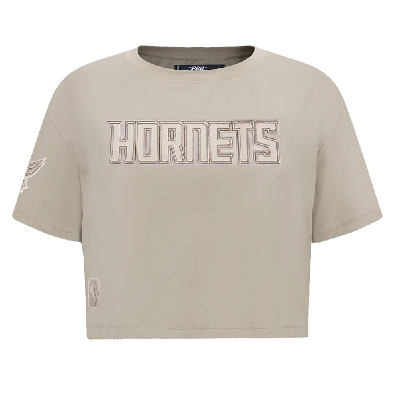 NBA CHARLOTTE HORNETS NEUTRAL WOMEN'S BOXY TEE (TAUPE) Mesh Blend Leather Blend Suede Blend NBA CHARLOTTE HORNETS NEUTRAL WOMEN'S BOXY TEE (TAUPE) Mesh Blend Leather Blend Suede Blend