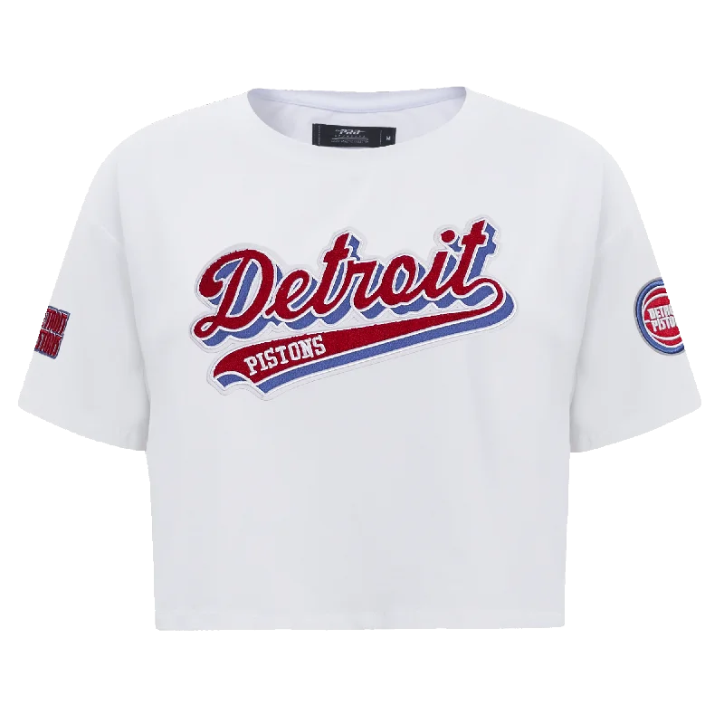 NBA DETROIT PISTONS SCRIPT TAIL WOMEN'S SJ BOXY TEE (WHITE) Satin Fabric Silk Fabric Chiffon Fabric NBA DETROIT PISTONS SCRIPT TAIL WOMEN'S SJ BOXY TEE (WHITE) Satin Fabric Silk Fabric Chiffon Fabric