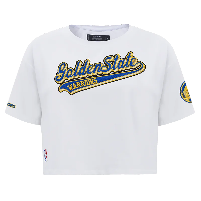 NBA GOLDEN STATE WARRIORS SCRIPT TAIL WOMEN'S SJ BOXY TEE (WHITE) Satin Fabric Silk Fabric Chiffon Fabric NBA GOLDEN STATE WARRIORS SCRIPT TAIL WOMEN'S SJ BOXY TEE (WHITE) Satin Fabric Silk Fabric Chiffon Fabric