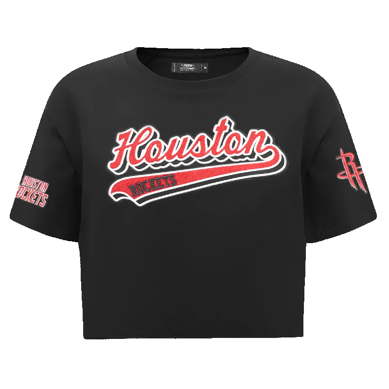 NBA HOUSTON ROCKETS SCRIPT TAIL WOMEN'S SJ BOXY TEE (BLACK) Front Pockets Side Pockets Patch Pockets NBA HOUSTON ROCKETS SCRIPT TAIL WOMEN'S SJ BOXY TEE (BLACK) Front Pockets Side Pockets Patch Pockets