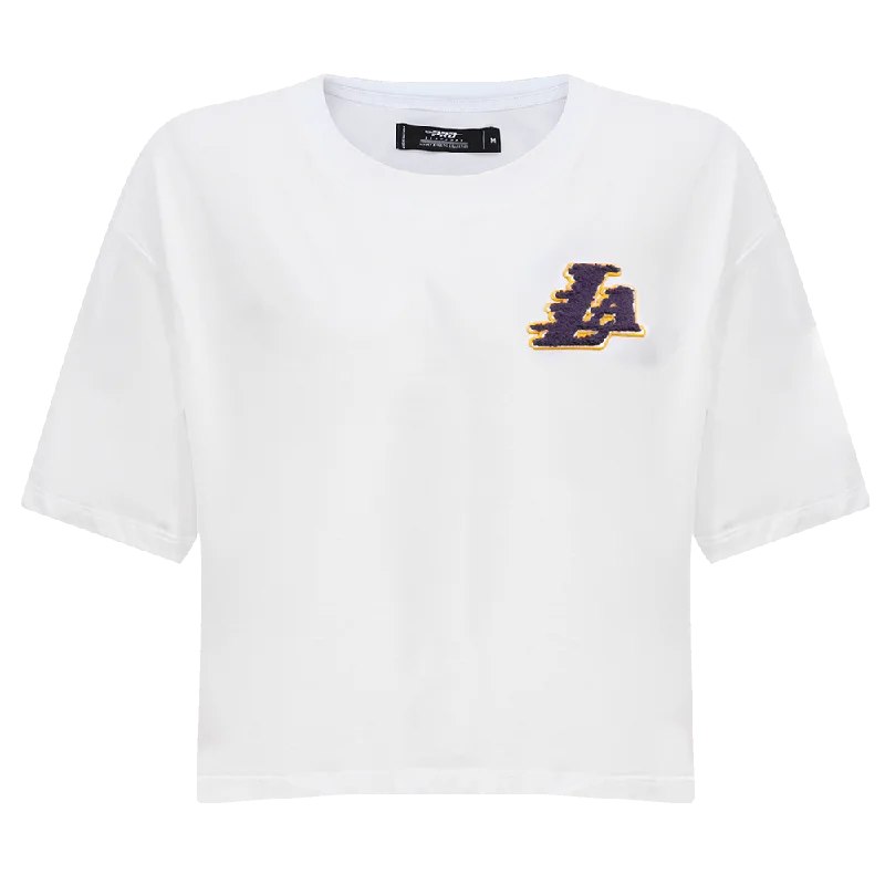 NBA LOS ANGELES LAKERS CLASSIC WOMEN'S BOXY TEE (WHITE) Satin Blend Silk Blend Wool Blend NBA LOS ANGELES LAKERS CLASSIC WOMEN'S BOXY TEE (WHITE) Satin Blend Silk Blend Wool Blend