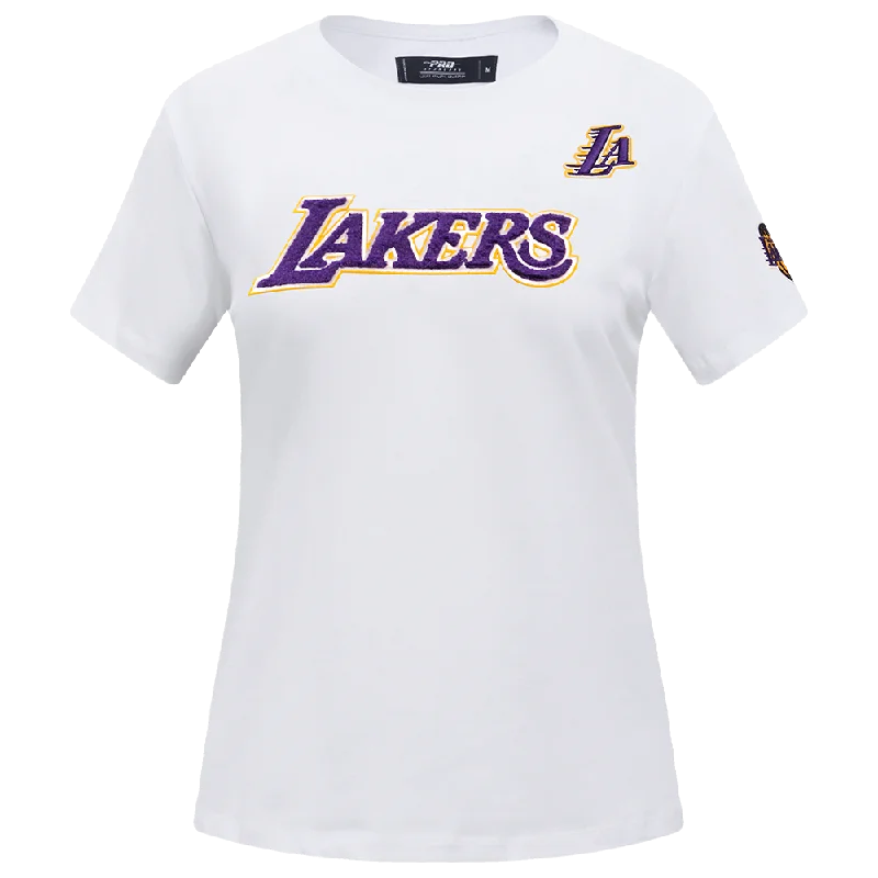 NBA LOS ANGELES LAKERS CLASSIC WOMEN'S SLIM FIT TEE (WHITE) Denim Fabric Leather Fabric Suede Fabric NBA LOS ANGELES LAKERS CLASSIC WOMEN'S SLIM FIT TEE (WHITE) Denim Fabric Leather Fabric Suede Fabric