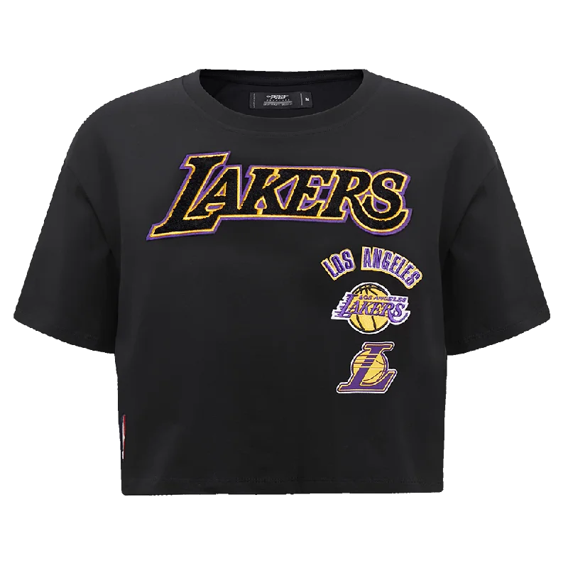 NBA LOS ANGELES LAKERS RETRO CLASSIC WOMEN'S BOXY TEE (BLACK) Sequined Glittery Shiny