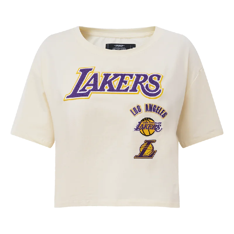 NBA LOS ANGELES LAKERS RETRO CLASSIC WOMEN'S BOXY TEE (EGGSHELL) Satin Blend Silk Blend Wool Blend