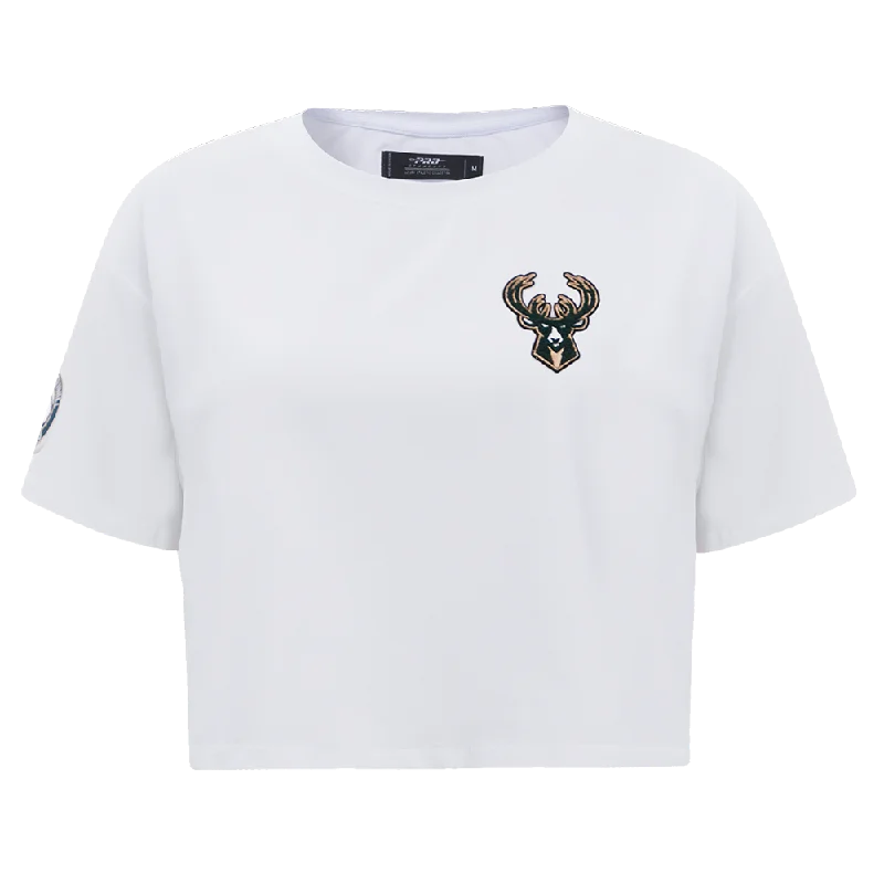 NBA MILWAUKEE BUCKS CLASSIC WOMEN'S BOXY TEE (WHITE) Welt Pockets Slit Pockets Flap Pockets NBA MILWAUKEE BUCKS CLASSIC WOMEN'S BOXY TEE (WHITE) Welt Pockets Slit Pockets Flap Pockets