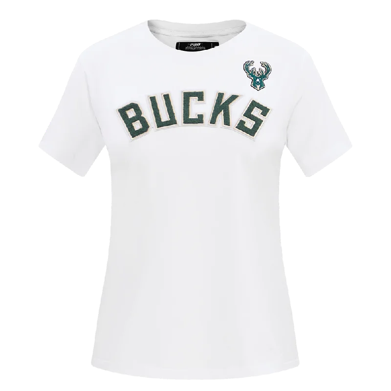 NBA MILWAUKEE BUCKS CLASSIC WOMEN'S SLIM FIT TEE (WHITE) Cashmere Blend Cotton Blend Poly Blend NBA MILWAUKEE BUCKS CLASSIC WOMEN'S SLIM FIT TEE (WHITE) Cashmere Blend Cotton Blend Poly Blend