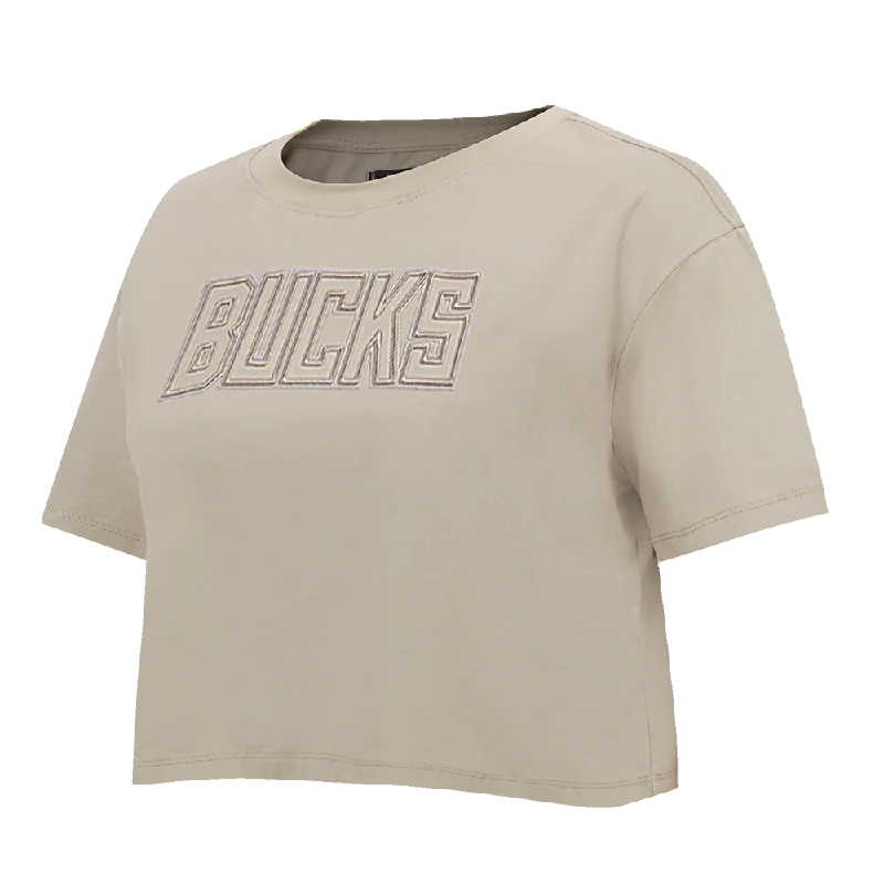 NBA MILWAUKEE BUCKS NEUTRAL WOMEN'S BOXY TEE (TAUPE) Rayon Velvet Corduroy