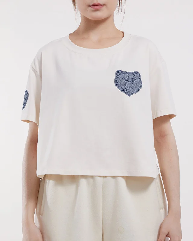 NBA MEMPHIS GRIZZLIES VARSITY BLUES WOMEN'S BOXY TEE (LINEN) Embroidered Appliqued Beaded