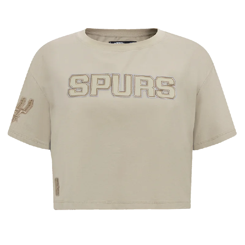NBA SAN ANTONIO SPURS NEUTRAL WOMEN'S BOXY TEE (TAUPE) Plaid T-Shirt Polka Dot Checkered NBA SAN ANTONIO SPURS NEUTRAL WOMEN'S BOXY TEE (TAUPE) Plaid T-Shirt Polka Dot Checkered