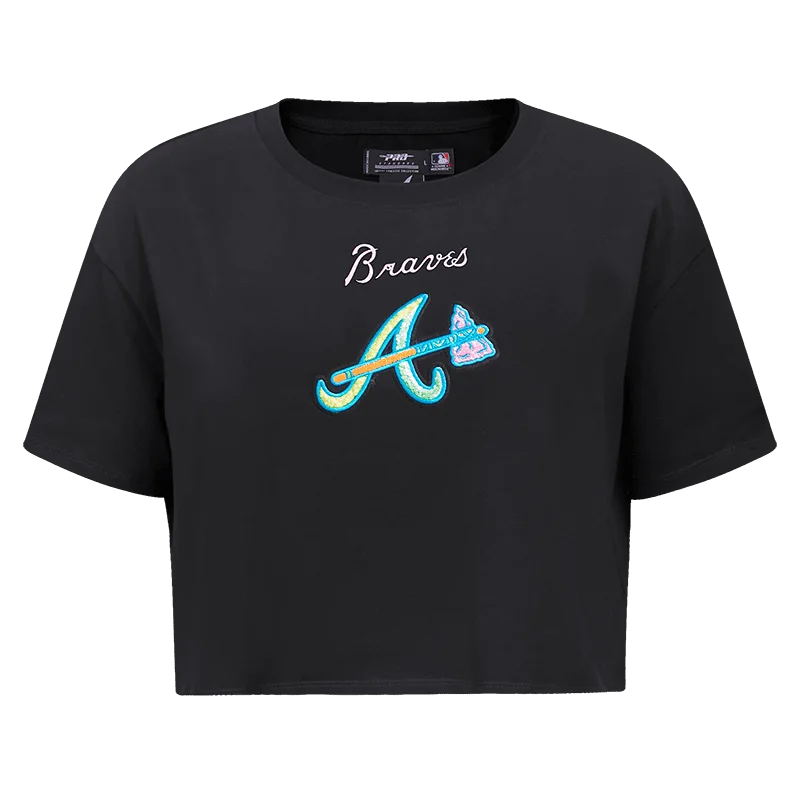 MLB ATLANTA BRAVES WASHED NEON WOMEN'S BOXY TEE (BLACK) Welt Pockets Slit Pockets