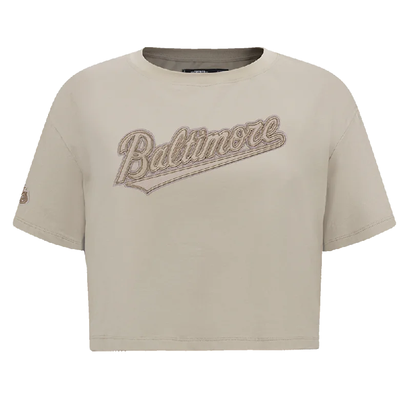 MLB BALTIMORE ORIOLES NEUTRAL WOMEN'S BOXY TEE (TAUPE) Chenille Blend Fleece Blend Nylon Blend MLB BALTIMORE ORIOLES NEUTRAL WOMEN'S BOXY TEE (TAUPE) Chenille Blend Fleece Blend Nylon Blend