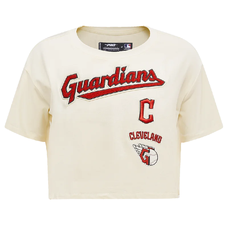 MLB CLEVELAND GUARDIANS RETRO CLASSIC WOMEN'S BOXY TEE (EGGSHELL) Chenille Blend Fleece Blend Nylon Blend MLB CLEVELAND GUARDIANS RETRO CLASSIC WOMEN'S BOXY TEE (EGGSHELL) Chenille Blend Fleece Blend Nylon Blend