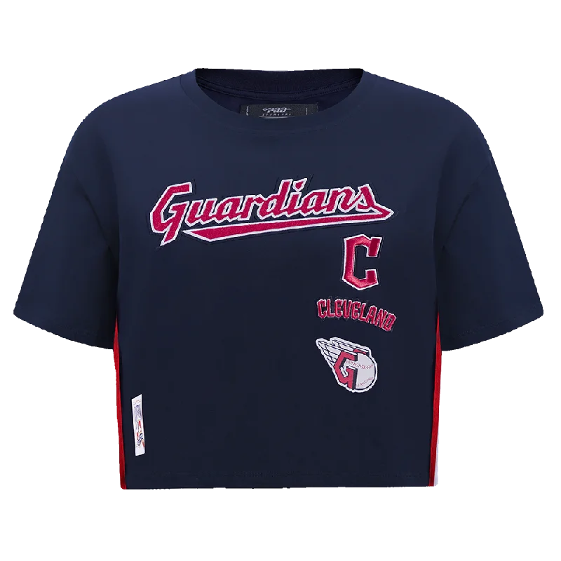 MLB CLEVELAND GUARDIANS RETRO CLASSIC WOMEN'S BOXY TEE (MIDNIGHT NAVY) Notch Collar Peter Pan Collar Cowl Neck MLB CLEVELAND GUARDIANS RETRO CLASSIC WOMEN'S BOXY TEE (MIDNIGHT NAVY) Notch Collar Peter Pan Collar Cowl Neck