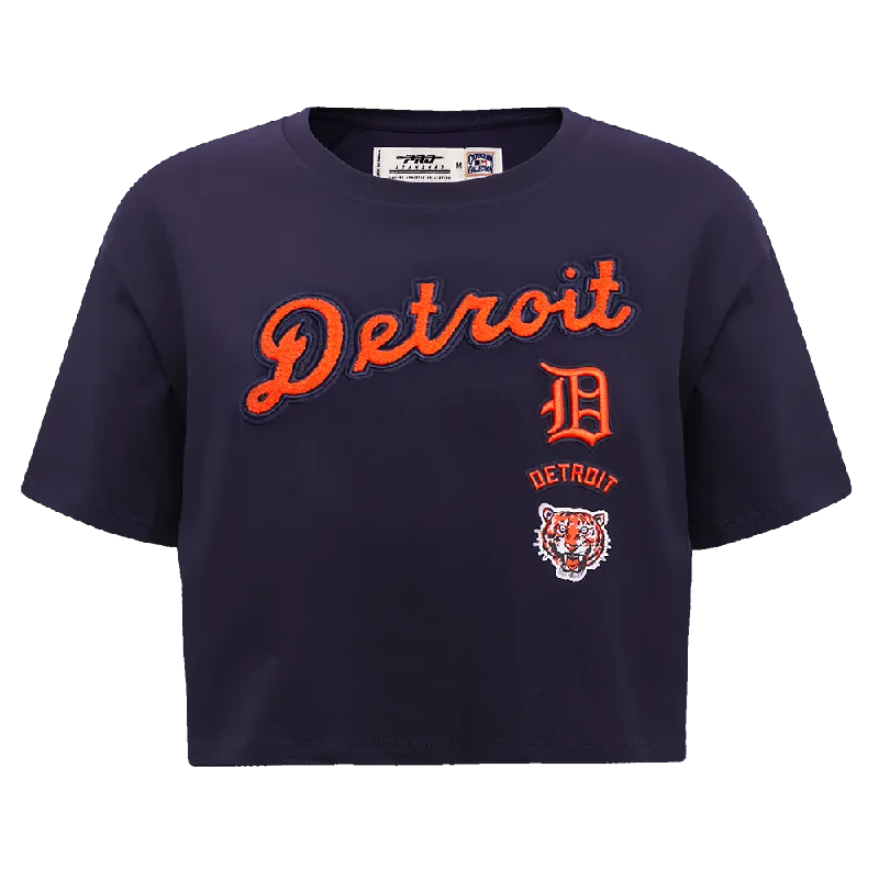 MLB DETROIT TIGERS RETRO CLASSIC WOMEN'S BOXY TEE (MIDNIGHT NAVY) Cotton Fabric Linen Fabric Terry Fabric