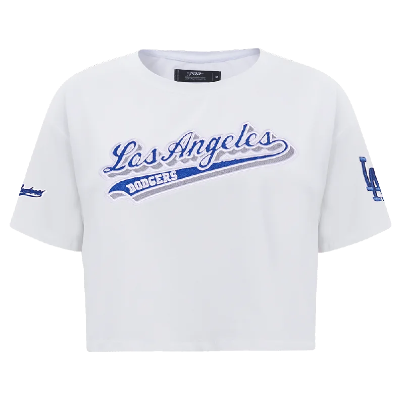 MLB LOS ANGELES DODGERS SCRIPT TAIL WOMEN'S SJ BOXY TEE (WHITE) Chenille Brocade Lace MLB LOS ANGELES DODGERS SCRIPT TAIL WOMEN'S SJ BOXY TEE (WHITE) Chenille Brocade Lace