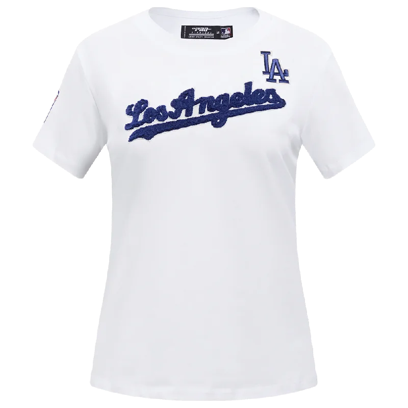 MLB LOS ANGELES DODGERS CLASSIC WOMEN'S SJ SLIM FIT TEE (WHITE) Front Pockets Side Pockets Patch Pockets MLB LOS ANGELES DODGERS CLASSIC WOMEN'S SJ SLIM FIT TEE (WHITE) Front Pockets Side Pockets Patch Pockets
