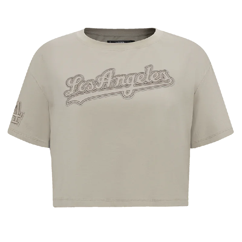 MLB LOS ANGELES DODGERS NEUTRAL WOMEN'S BOXY TEE (TAUPE) Mesh Blend Leather Blend Suede Blend