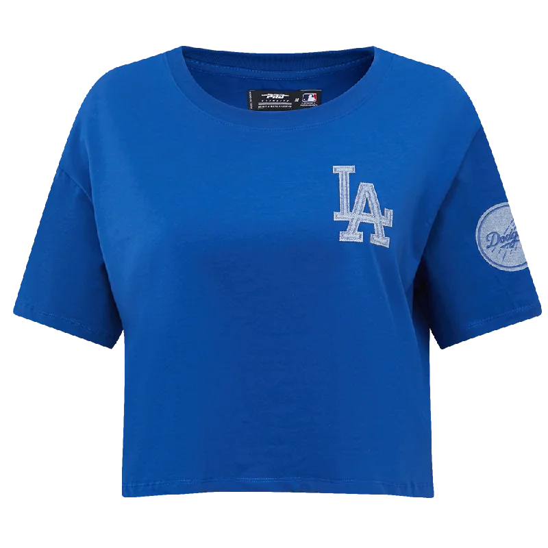 MLB LOS ANGELES DODGERS VARSITY BLUES WOMEN'S BOXY TEE (DODGER BLUE) Hooded Caped Shawl Collar MLB LOS ANGELES DODGERS VARSITY BLUES WOMEN'S BOXY TEE (DODGER BLUE) Hooded Caped Shawl Collar