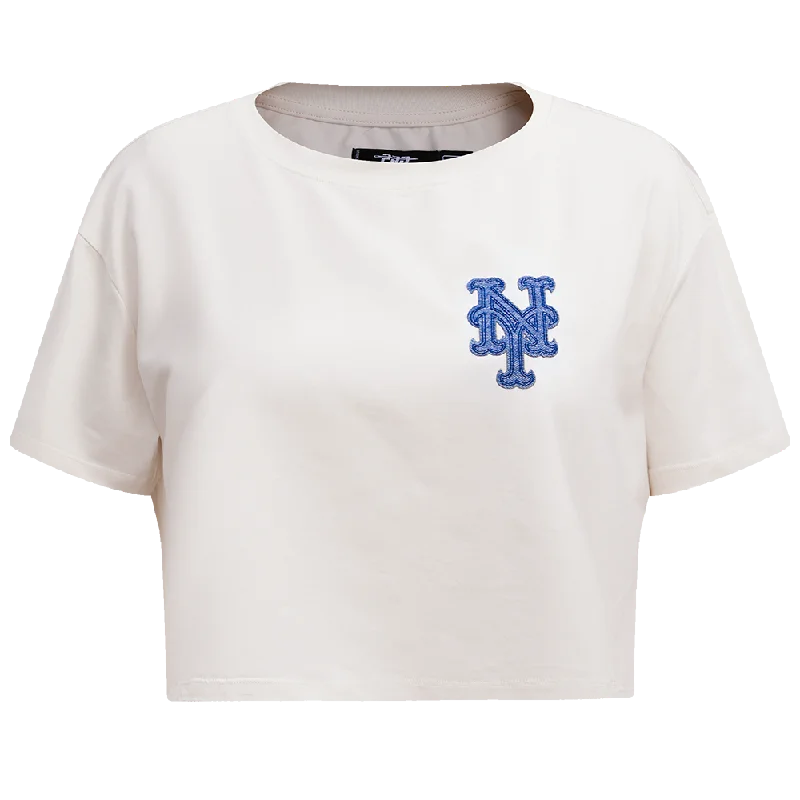 MLB NEW YORK METS VARSITY BLUES WOMEN'S BOXY TEE (LINEN) Asymmetrical Pockets Print