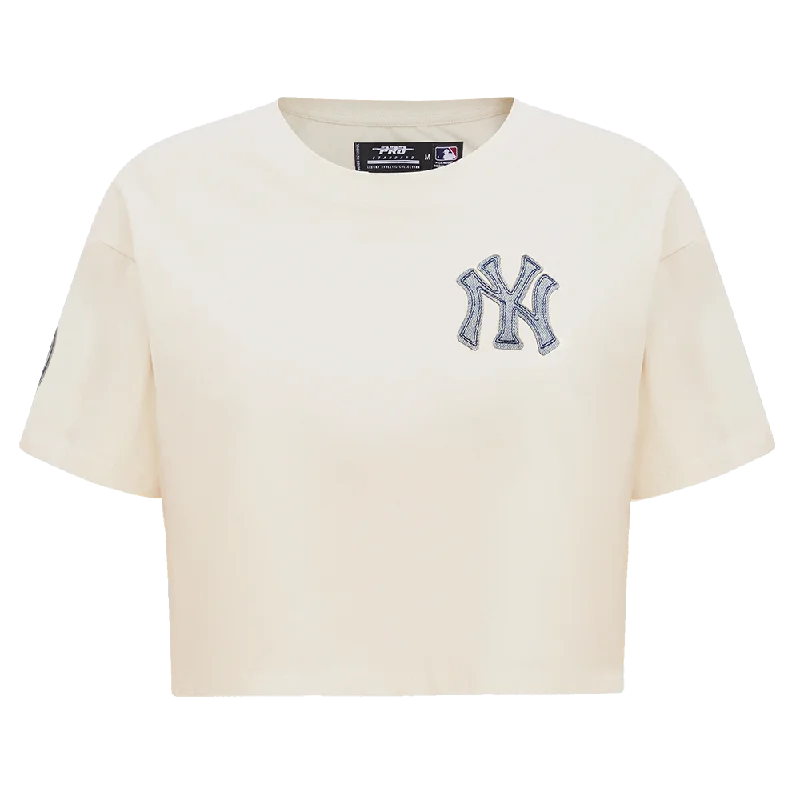 MLB NEW YORK YANKEES VARSITY BLUES WOMEN'S BOXY TEE (LINEN) Satin Fabric Silk Fabric Chiffon Fabric