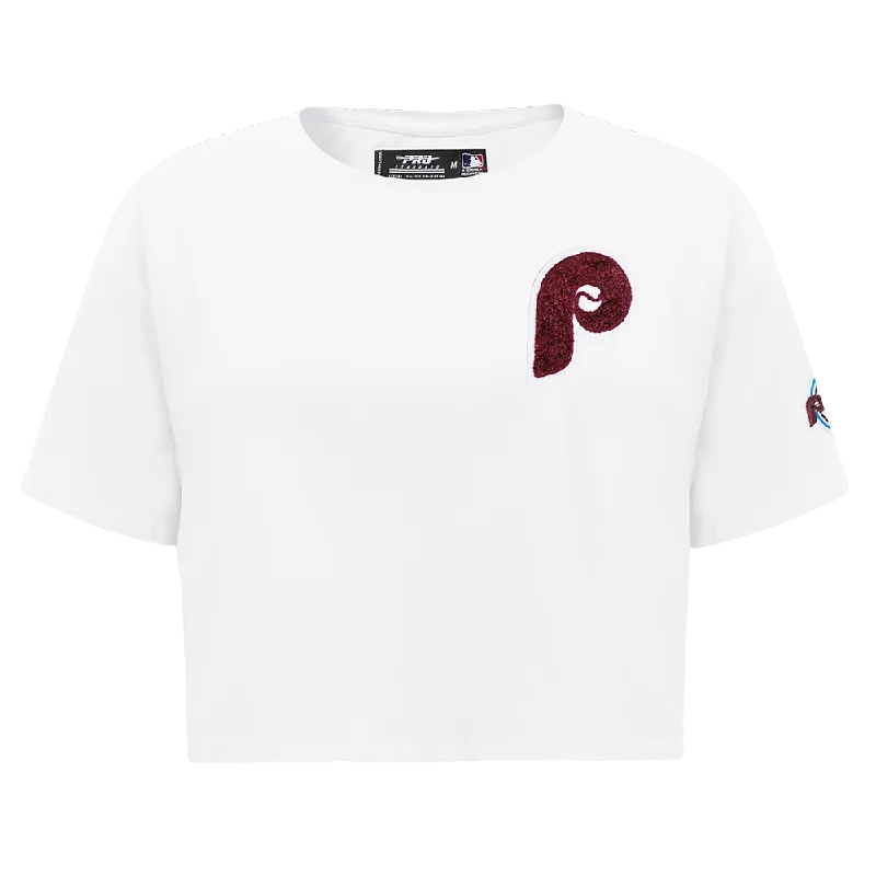 MLB PHILADELPHIA PHILLIES CLASSIC WOMEN'S BOXY TEE (WHITE) Lace Blend Ribbed Blend Corduroy Blend MLB PHILADELPHIA PHILLIES CLASSIC WOMEN'S BOXY TEE (WHITE) Lace Blend Ribbed Blend Corduroy Blend
