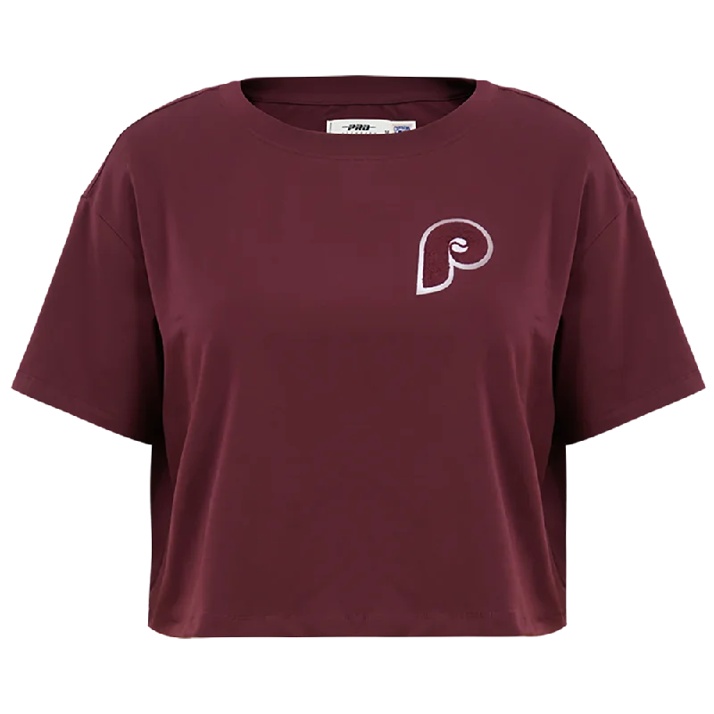 MLB PHILADELPHIA PHILLIES CLASSIC WOMEN'S BOXY TEE (WINE) Fleece Fabric Down Fabric Feather Fabric