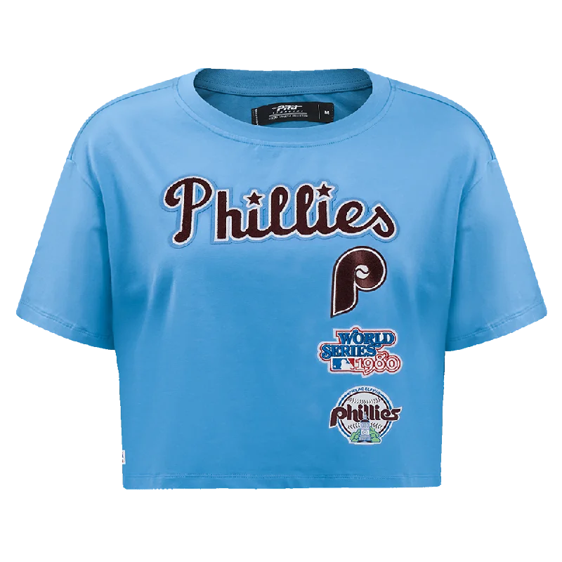MLB PHILADELPHIA PHILLIES RETRO CLASSIC WOMEN'S BOXY TEE (UNIVERSITY BLUE) Graphic Embroidered Appliqued