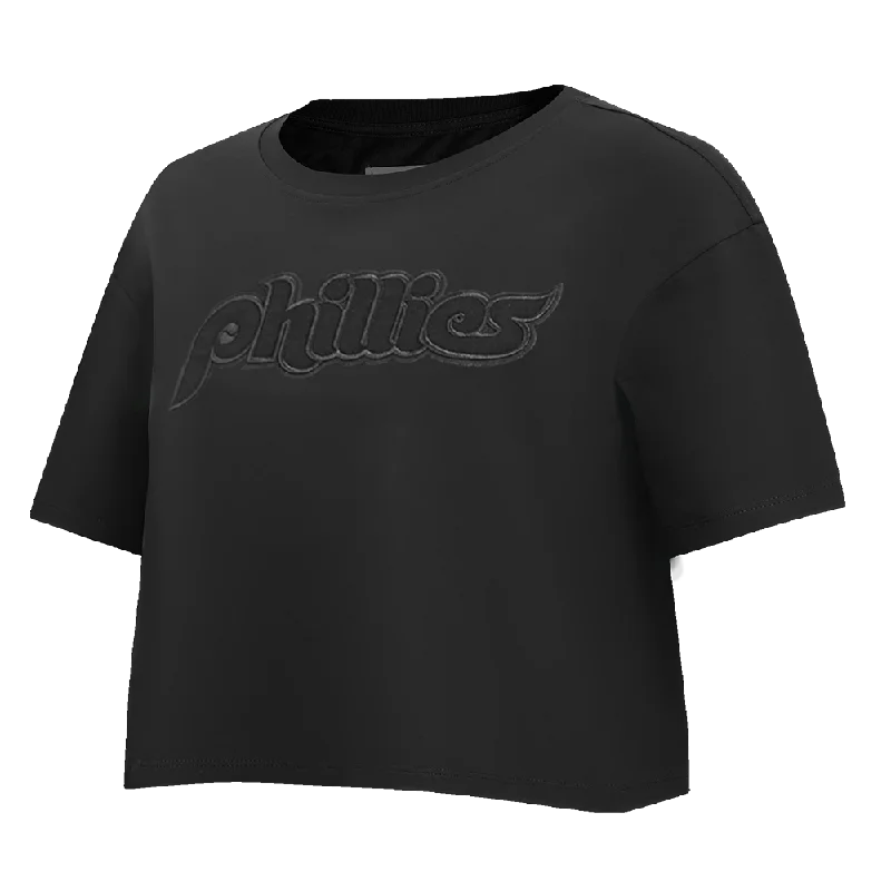 MLB PHILADELPHIA PHILLIES RETRO NEUTRAL WOMEN'S BOXY TEE (BLACK) Spandex Blend Rayon Blend Denim Blend MLB PHILADELPHIA PHILLIES RETRO NEUTRAL WOMEN'S BOXY TEE (BLACK) Spandex Blend Rayon Blend Denim Blend