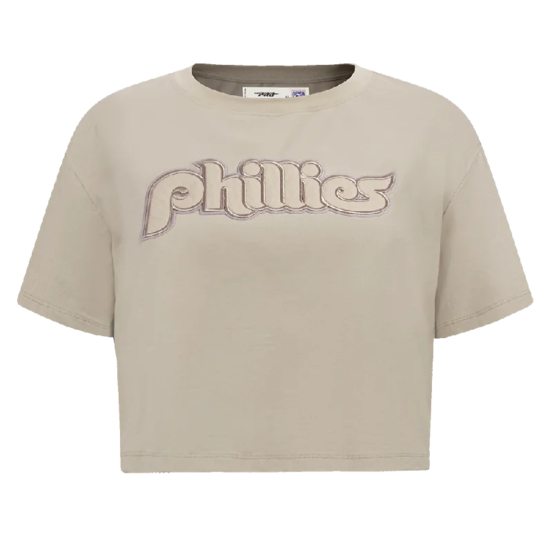 MLB PHILADELPHIA PHILLIES RETRO NEUTRAL WOMEN'S BOXY TEE (TAUPE) Chenille Fabric Brocade Fabric Lace Fabric MLB PHILADELPHIA PHILLIES RETRO NEUTRAL WOMEN'S BOXY TEE (TAUPE) Chenille Fabric Brocade Fabric Lace Fabric