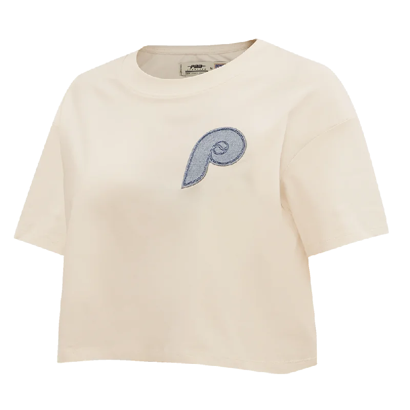 MLB PHILADELPHIA PHILLIES VARSITY BLUES WOMEN'S BOXY TEE (LINEN) Denim Fabric Leather Fabric Suede Fabric MLB PHILADELPHIA PHILLIES VARSITY BLUES WOMEN'S BOXY TEE (LINEN) Denim Fabric Leather Fabric Suede Fabric
