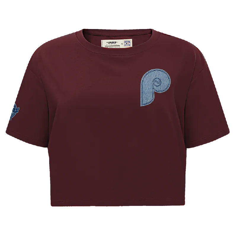MLB PHILADELPHIA PHILLIES VARSITY BLUES WOMEN'S BOXY TEE (WINE) Iron Safe Non-Iron Wrinkle Free MLB PHILADELPHIA PHILLIES VARSITY BLUES WOMEN'S BOXY TEE (WINE) Iron Safe Non-Iron Wrinkle Free