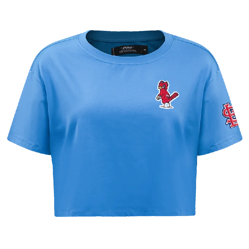 MLB ST. LOUIS CARDINALS CLASSIC WOMEN'S BOXY TEE (UNIVERSITY BLUE) Mesh Blend Leather Blend Suede Blend MLB ST. LOUIS CARDINALS CLASSIC WOMEN'S BOXY TEE (UNIVERSITY BLUE) Mesh Blend Leather Blend Suede Blend