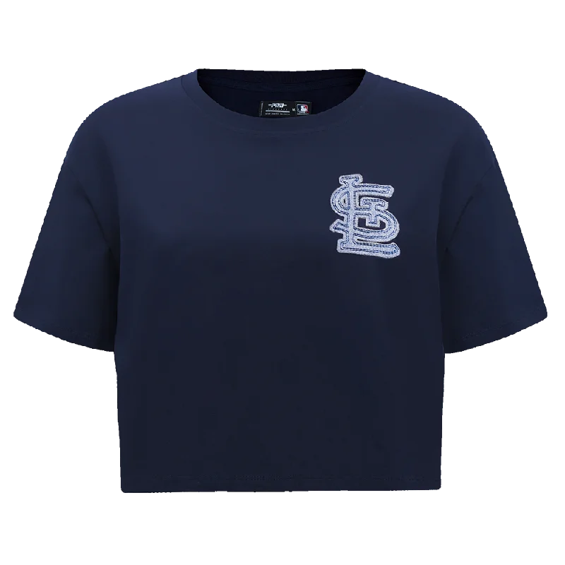 MLB ST. LOUIS CARDINALS VARSITY BLUES WOMEN'S BOXY TEE (MIDNIGHT NAVY) Notch Collar Peter Pan Collar Cowl Neck MLB ST. LOUIS CARDINALS VARSITY BLUES WOMEN'S BOXY TEE (MIDNIGHT NAVY) Notch Collar Peter Pan Collar Cowl Neck
