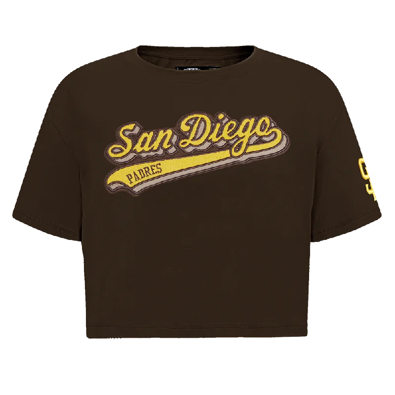 MLB SAN DIEGO PADRES SCRIPT TAIL WOMEN'S SJ BOXY TEE (BROWN) Notch Collar Peter Pan Collar Cowl Neck MLB SAN DIEGO PADRES SCRIPT TAIL WOMEN'S SJ BOXY TEE (BROWN) Notch Collar Peter Pan Collar Cowl Neck