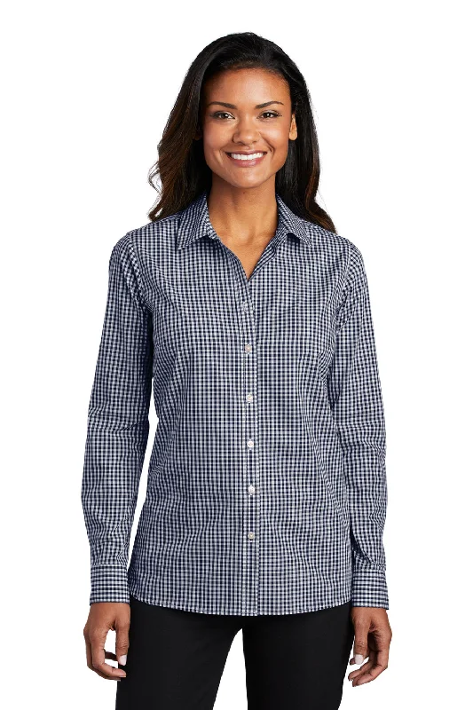 Port Authority Womens Broadcloth Gingham Wrinkle Resistant Long Sleeve Button Down Shirt - True Navy Blue/White