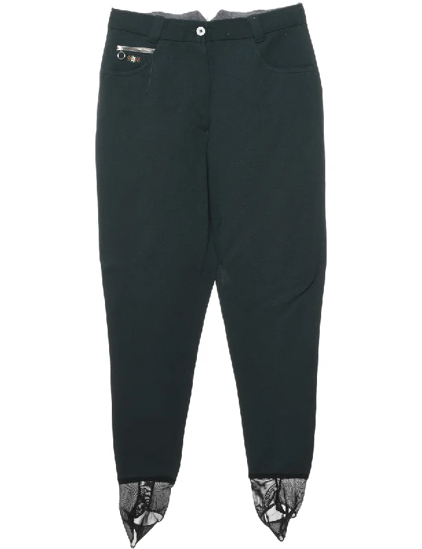 Dark Green Floral Embroidered Stirrup Trousers - W30 L30 Trousers Pleated Formal
