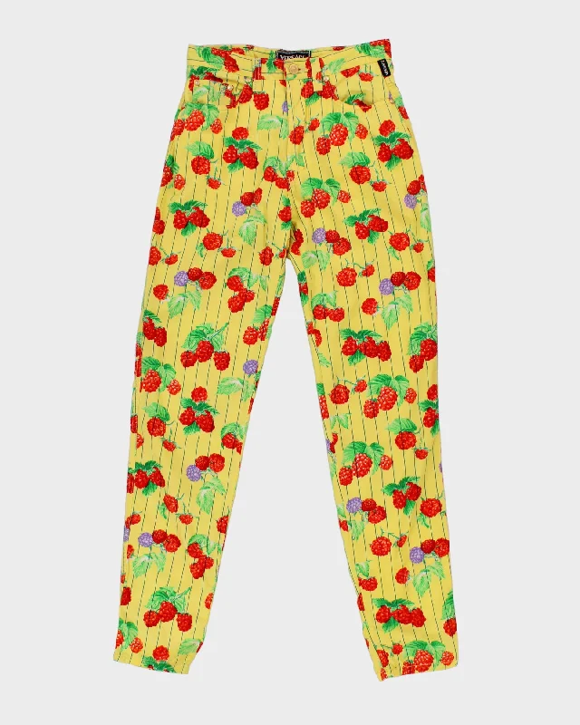 Vintage 90s Versace Jeans Couture Yellow Raspberry Print Trousers - W28 Trousers sophisticated sleek