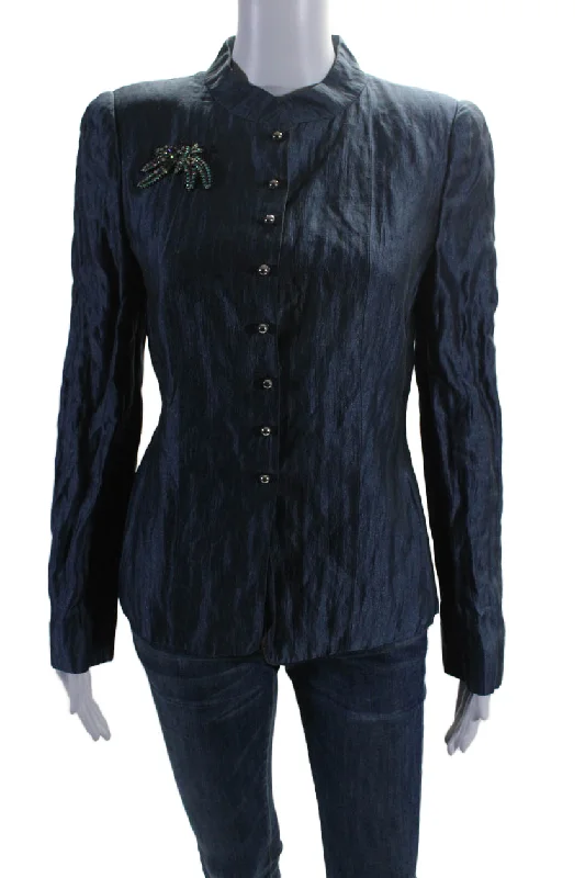 Armani Collezioni Women's Round Neck Long Sleeves Basic Jacket Blue Welt Pockets Slit Pockets Flap Pockets